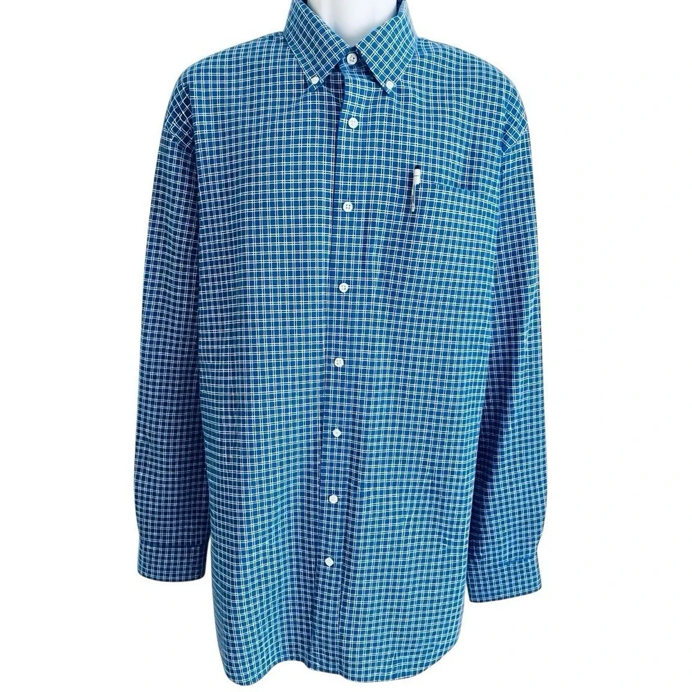 LL BEAN Men Shirt‎ XL TALL Check Teal Wrinkle Free Preppy Button Down